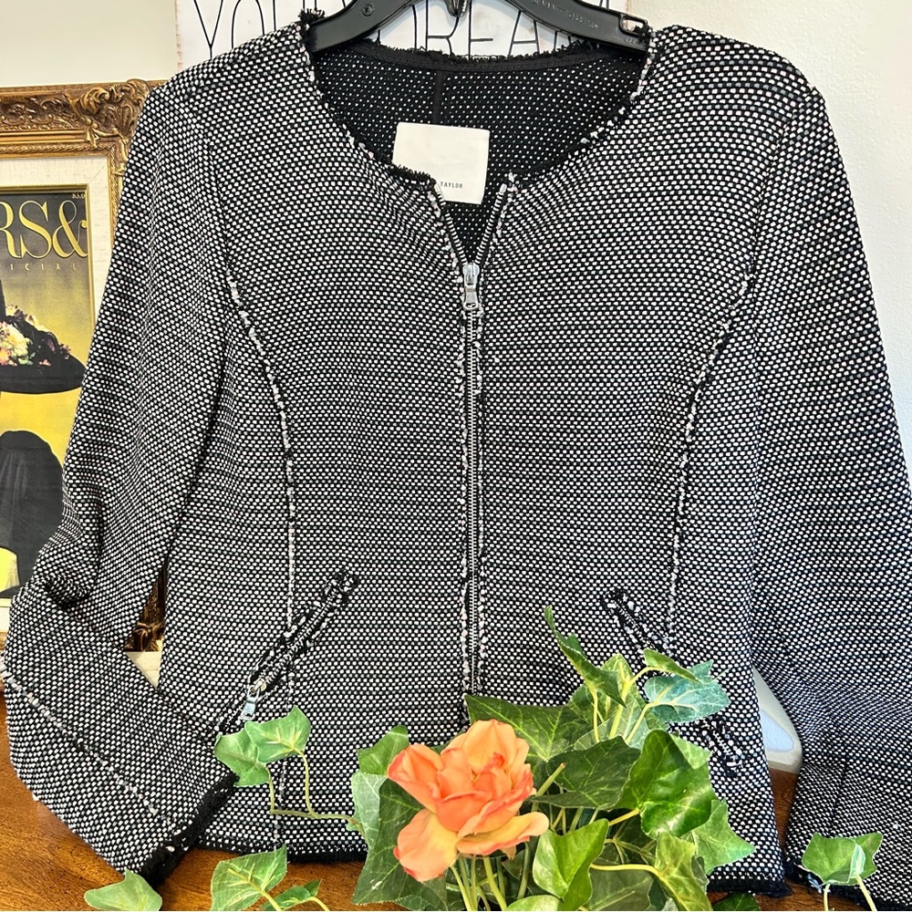 Rebecca Taylor Black Pink Gray White Tweed Fringe Zip Pocket Front Jacket
